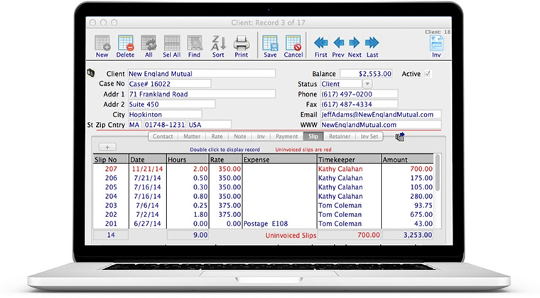 Time tracking legal billing software screen