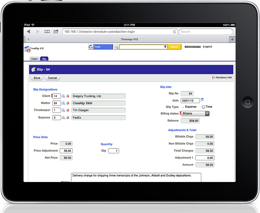 timemanager time tracking on an apple tablet