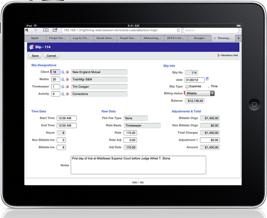 Time tracking screen on an iPad - TimeManager Attorney Billing software